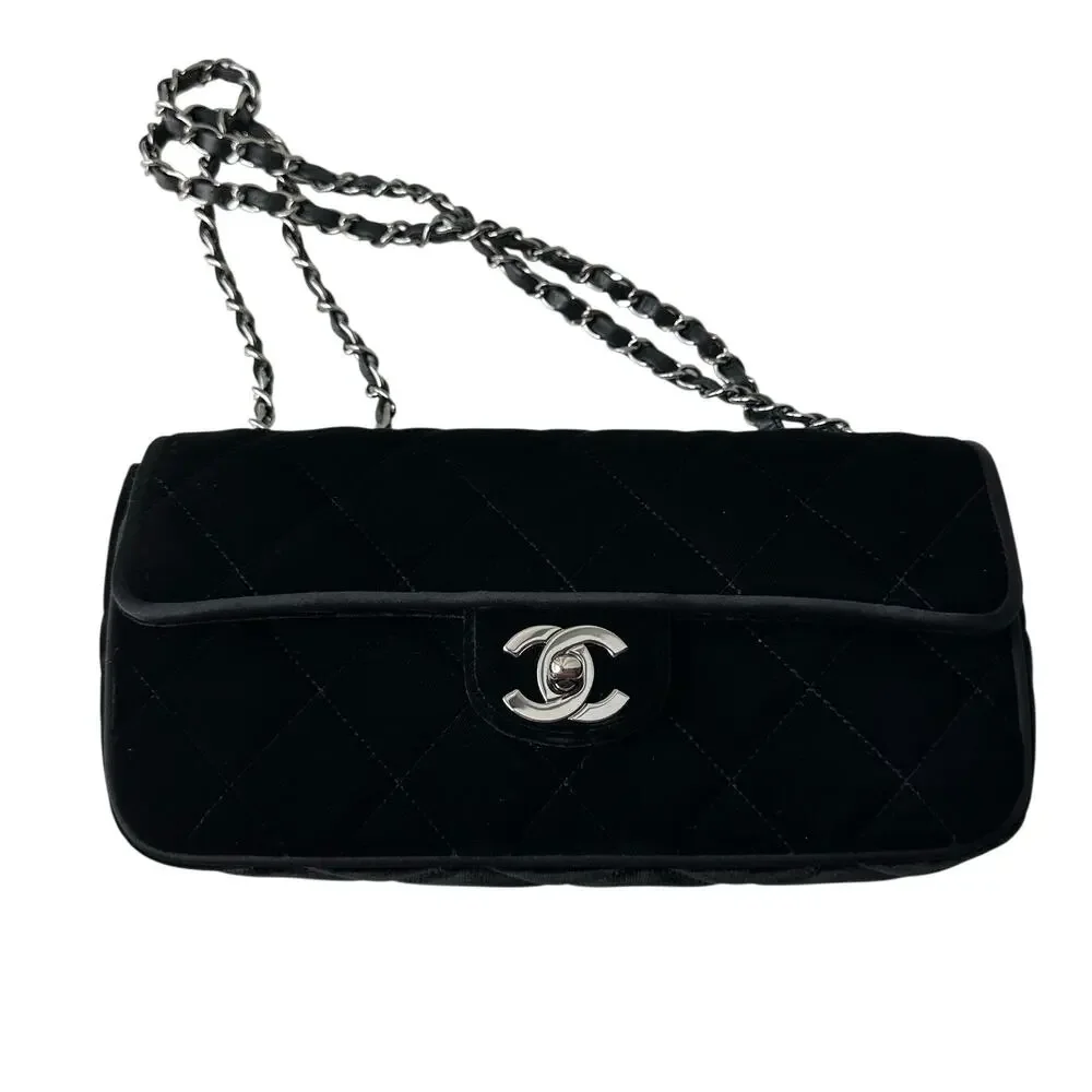 Chanel Matelassé CC Black Velvet East West Baguette Flap Bag SHW 05/06